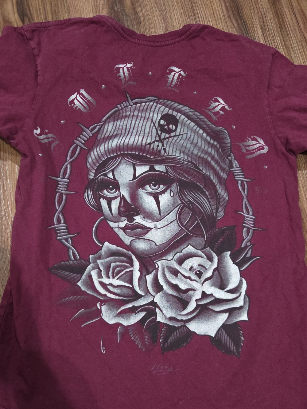 Sullen Maroon Short Sleeve Graphic Tee with Rose & Skull Beanie Artwork